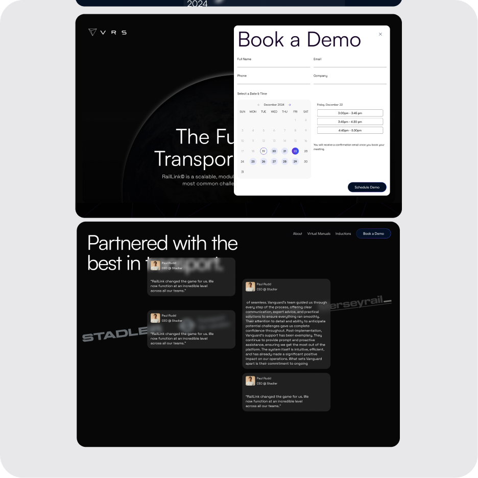 Screenshots of the book a call popup and testimonials overlaid on their user's logos.